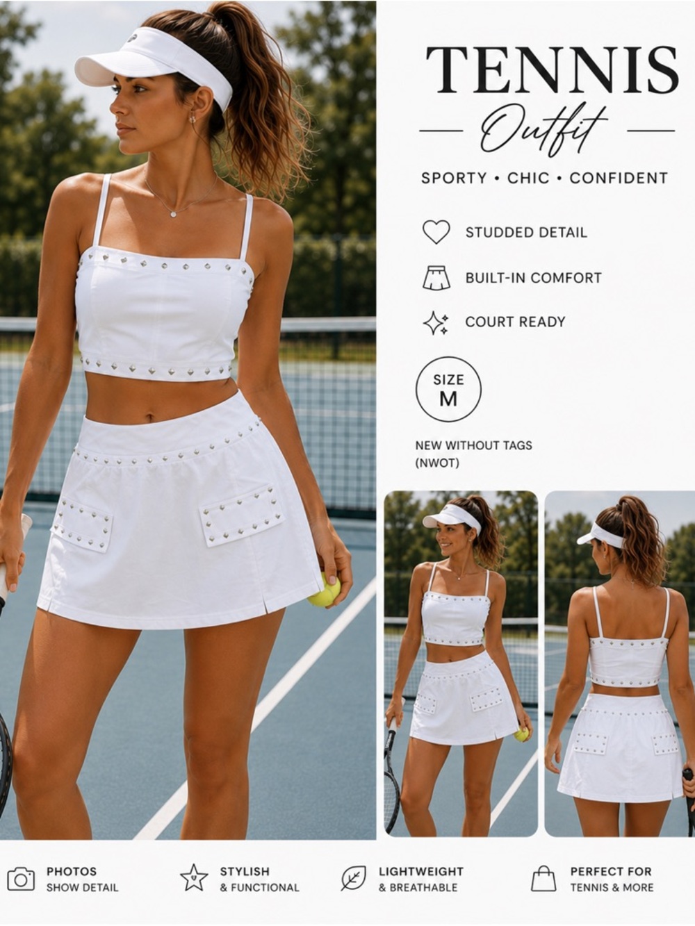 Halara White Studded Tennis Crop Tank Top | Courtcore | Size Medium & XL NEW